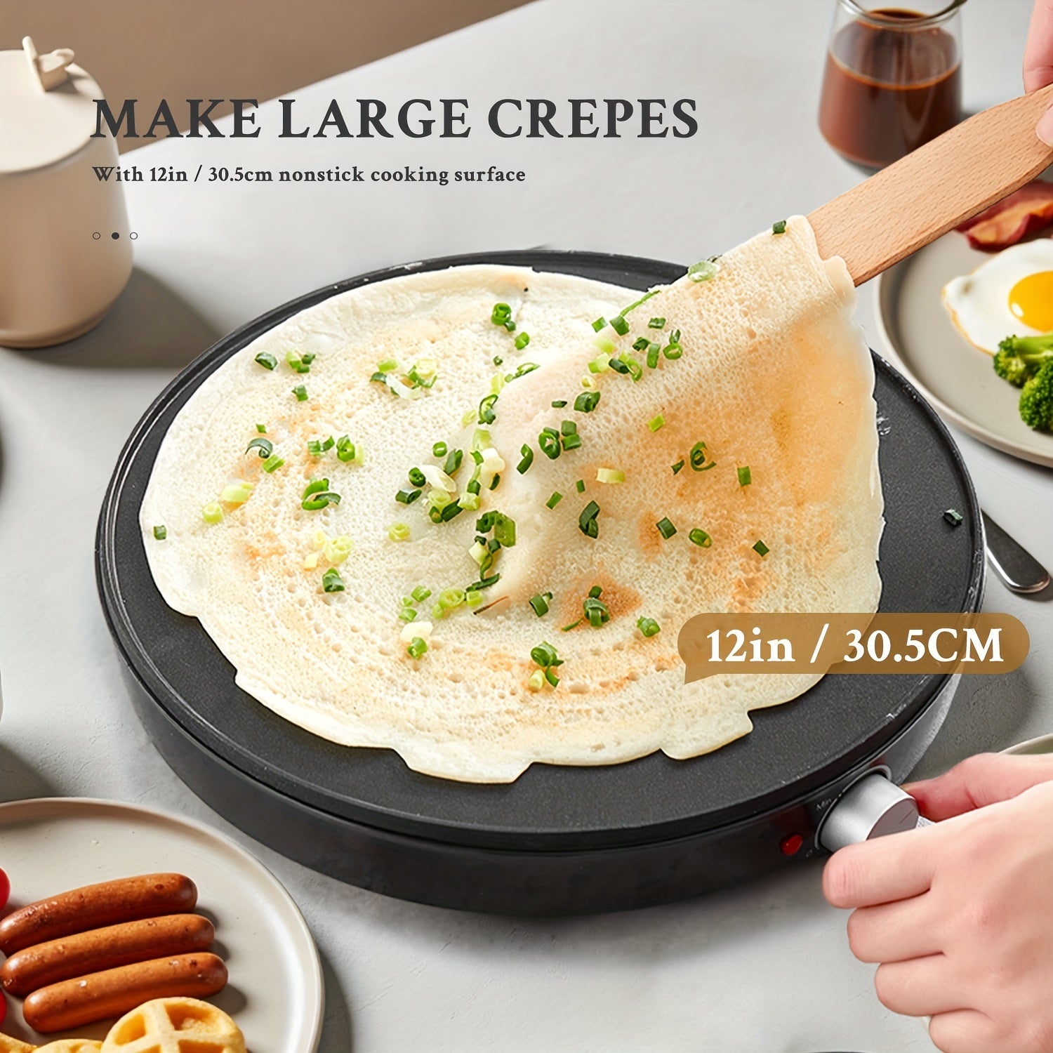 Compact 12 Electric Crepe Maker & Pancake Griddle with Precise Temperature Control, Nonstick Surface, Includes Spatula & Batter Spreader for Eggs, Omelets & Quesadillas