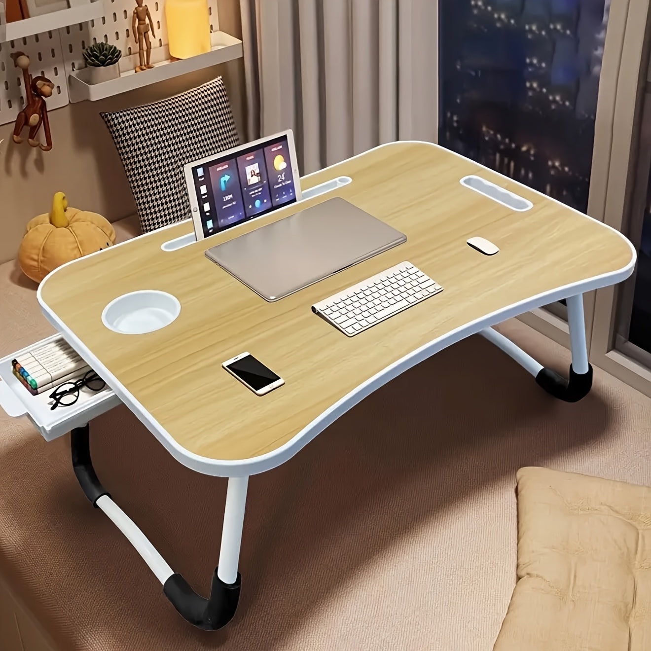 Portable Lap Desk with Cup Holder & Drawer – Extra-Large Foldable Laptop Tray Stand, Sturdy Anti-Slip Legs, Ventilated Surface, Multifunctional for Bed Sofa Floor – Pink, Black, Wood, Blue & White