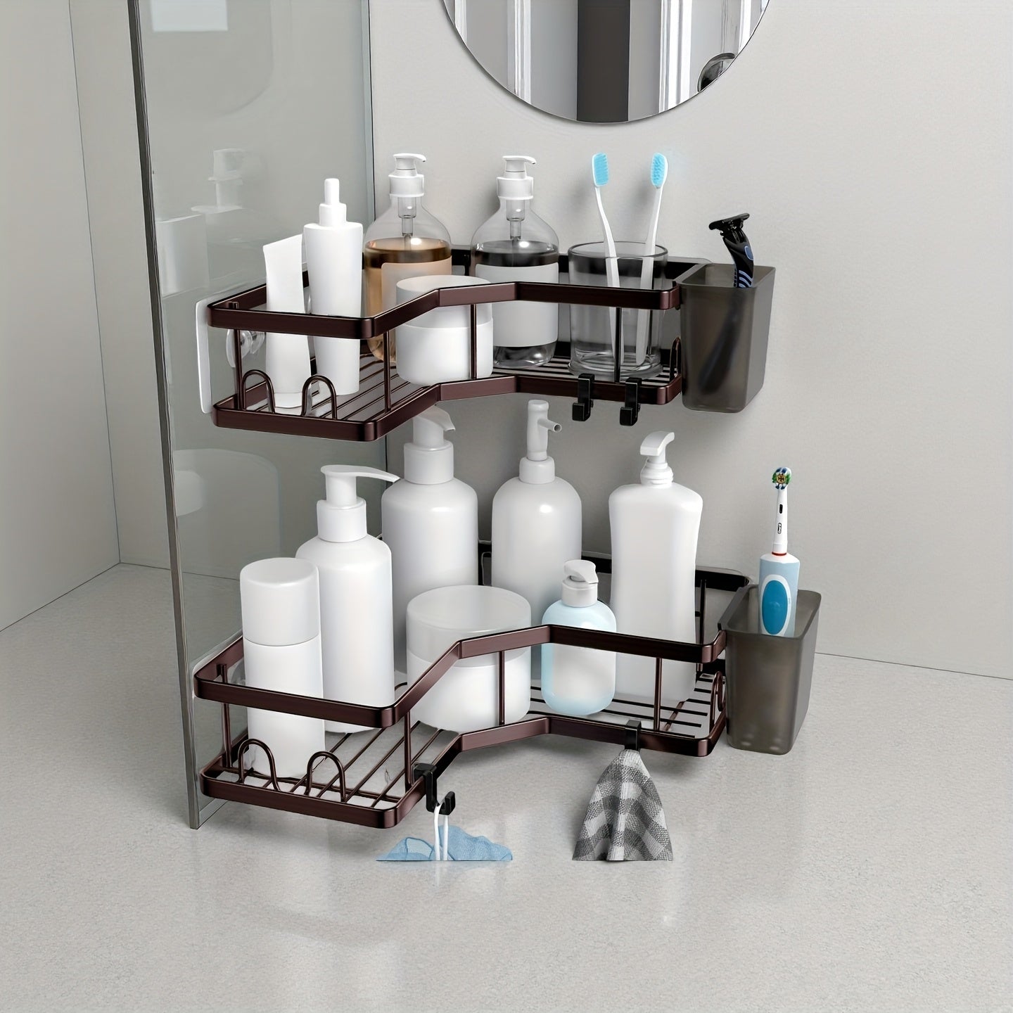 Corner Shower Caddy 2 Pack Adhesive No Drilling – Stainless Steel Shower Corner Shelf Organizer with Hooks & Toothpaste Holder for Bathroom, Kitchen & Dorm Storage