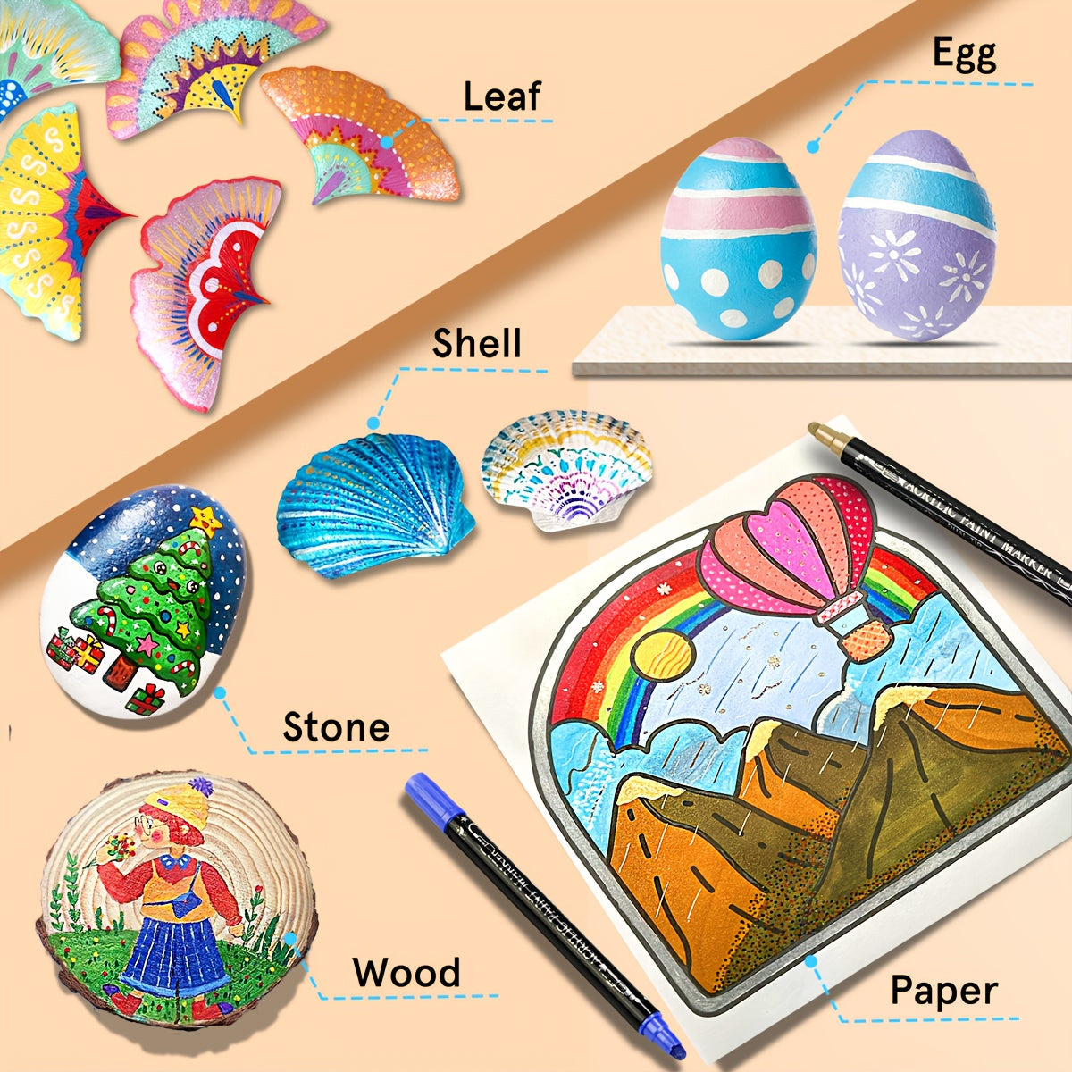 Metallic Acrylic Paint Markers 24 Colors Dual Tip – Brush & Dot Tip Waterproof Paint Pens for Rock Painting, Ceramic, Wood, Canvas, Glass, Stone, Calligraphy & Card Making Crafts