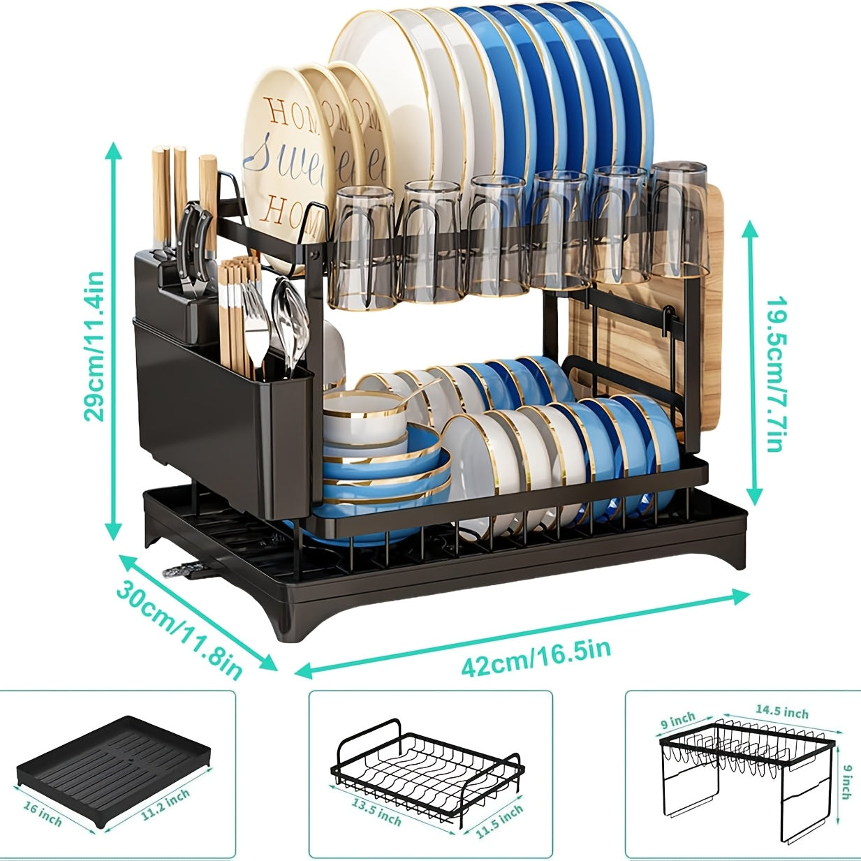 Food Service Tools And Tableware, 2-Layer Carbon Steel Dish Drainer with Drip Tray And Utensil Rack, Kitchen Counter Dish Drying Rack