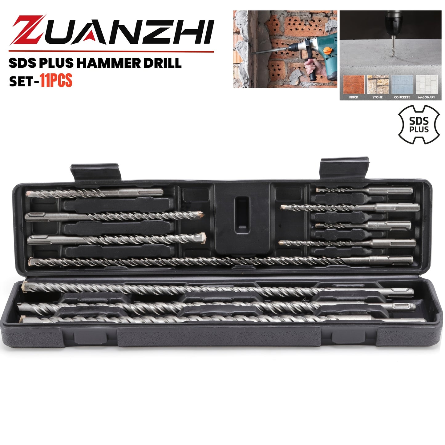 Hammer Drill Bit Set 11pcs, Round Shank Masonry Drill Bits for Concrete Brick Stone Wall, Home Installation Tool Kit for Drilling and Punching