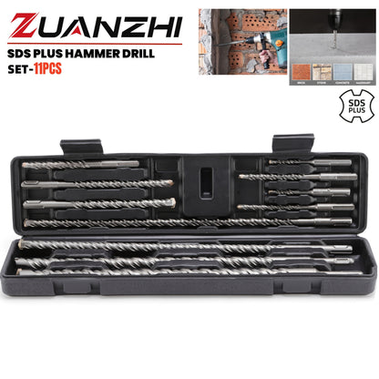 Hammer Drill Bit Set 11pcs, Round Shank Masonry Drill Bits for Concrete Brick Stone Wall, Home Installation Tool Kit for Drilling and Punching