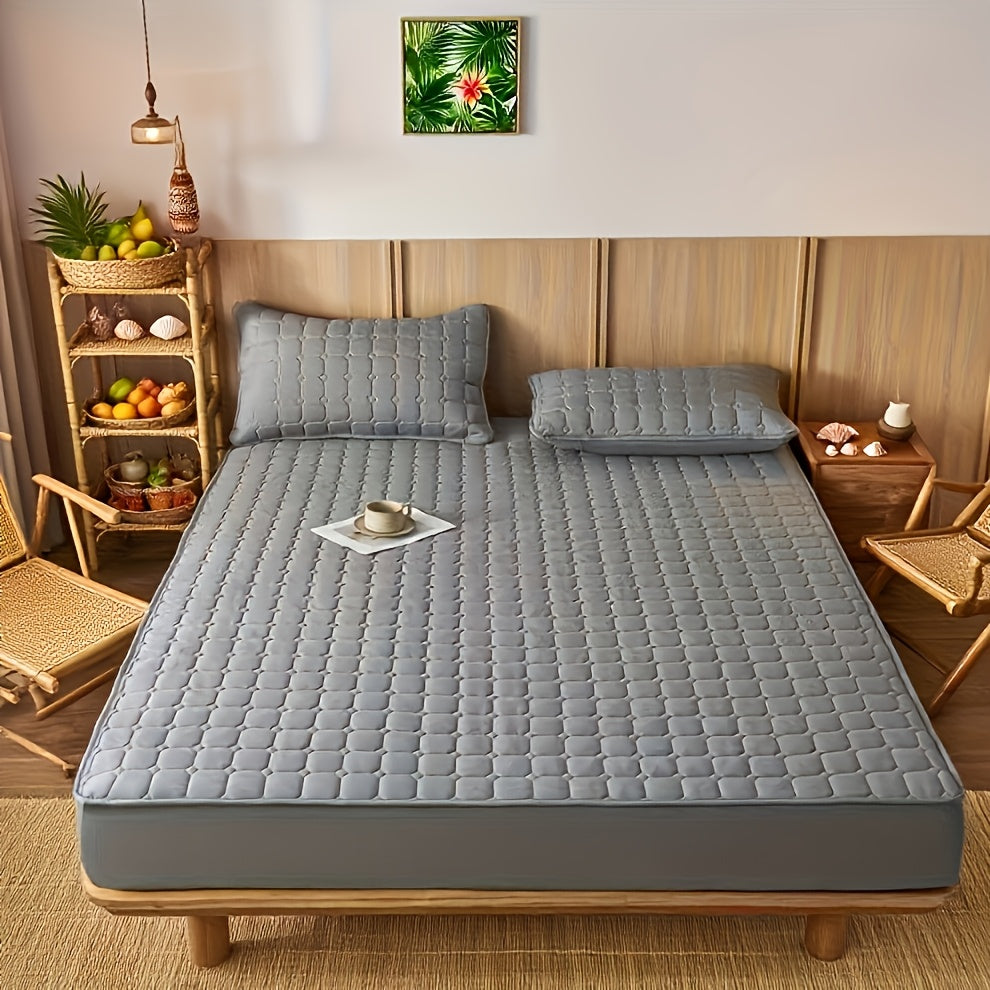 Quilted Fitted Sheet Solid Colour – Soft Breathable Wrinkle-Resistant All-Season Bed Sheet, Minimalist Modern Design, Machine Washable, Ideal for Bedroom, Apartment, Dorm & Hotel