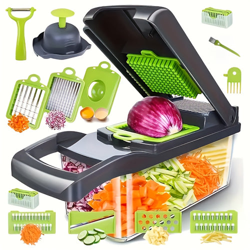 17-in-1 Vegetable Chopper with Container – 8-Blade Onion Chopper, Dicing Cutter, Egg Slicer, Potato Chip Knife & Salad Chopper, All-in-One Kitchen Utensil Set