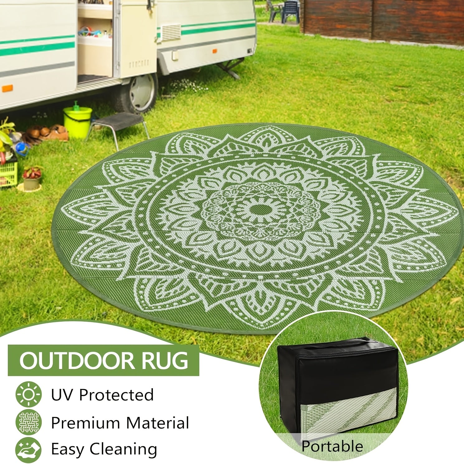 Round Boho Outdoor Rug Reversible Circle Patio Carpet – Lightweight Portable Outdoor Area Rug for Patio, Balcony, Camping & Backyard, Bohemian Style Weatherproof Floor Mat