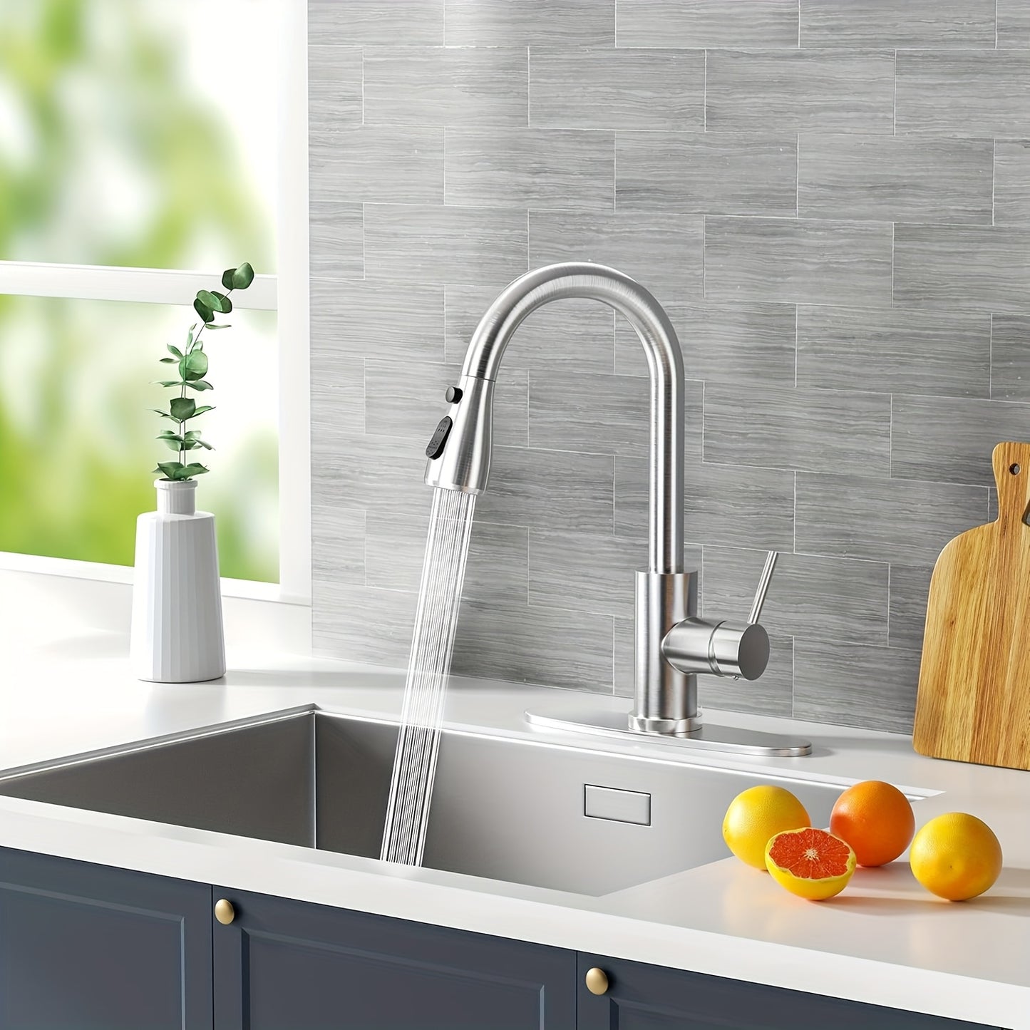 Pull-Down Kitchen Faucet – Single Handle High Arc, Commercial-Grade Stainless Steel, Brushed Nickel Finish, Deck Plate Included, for Kitchen, Bar, Laundry Room & RV