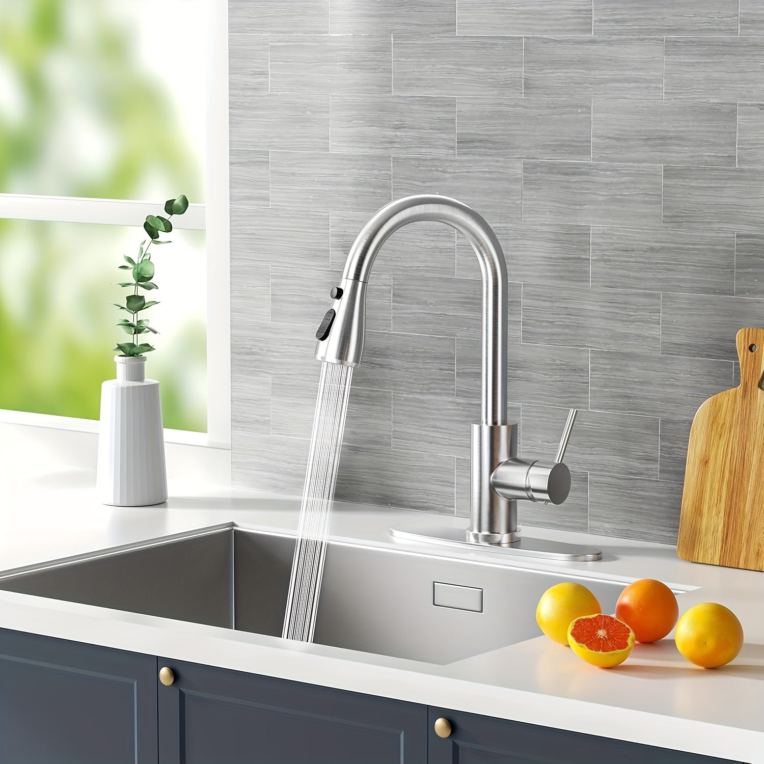 One Kitchen Faucet Featuring a Pull-Down Spray, Single Handle, And High Arc Design Made of Commercial-Grade Stainless Steel with a Brushed Nickel Finish. It Includes a Deck Plate And Is Ideal for Use in Bars, Laundry Rooms, Rvs