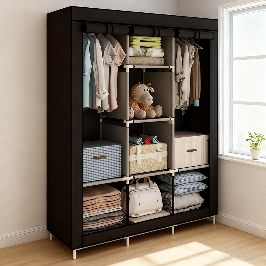 Portable Wardrobe Closet Clothes Organizer Non-Woven Fabric Cover with 6 Storage Shelves, 2 Hanging Sections, And 4 Side Pockets, Bedroom Wardrobe Dust-proof Storage, Portable Assembly Wardrobe, Living Room Wardrobe, Sturdy And Durable Wardrobe (170*128*4