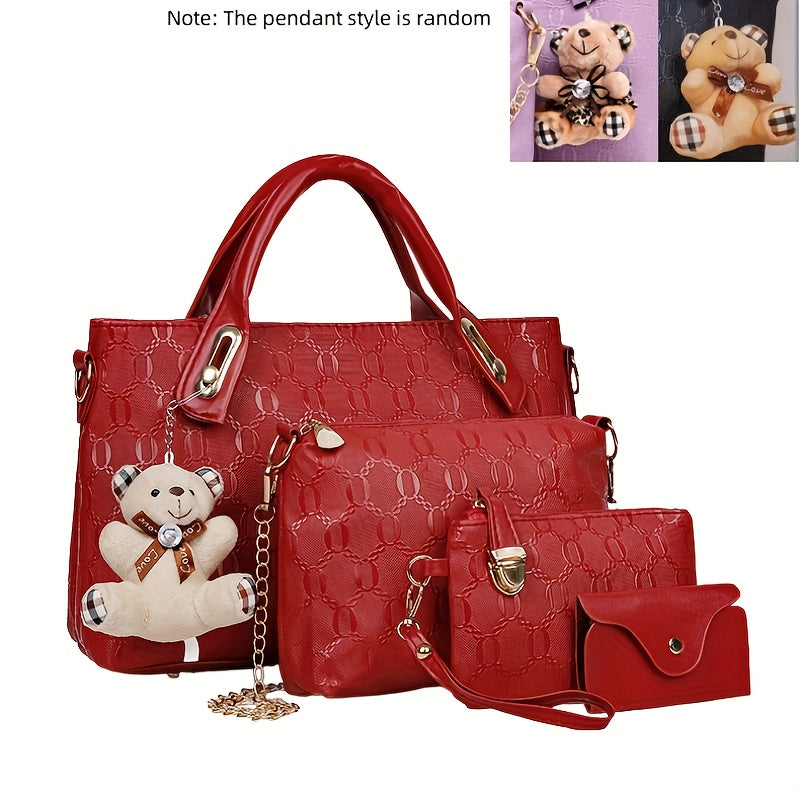 Embossed Women's 4-Piece Bag Set – Large Capacity Tote, Shoulder Crossbody Handbag with Bear Pendant | Retro Casual Style for Daily Commuting, Travel & Birthday Gifts | 9 Colours