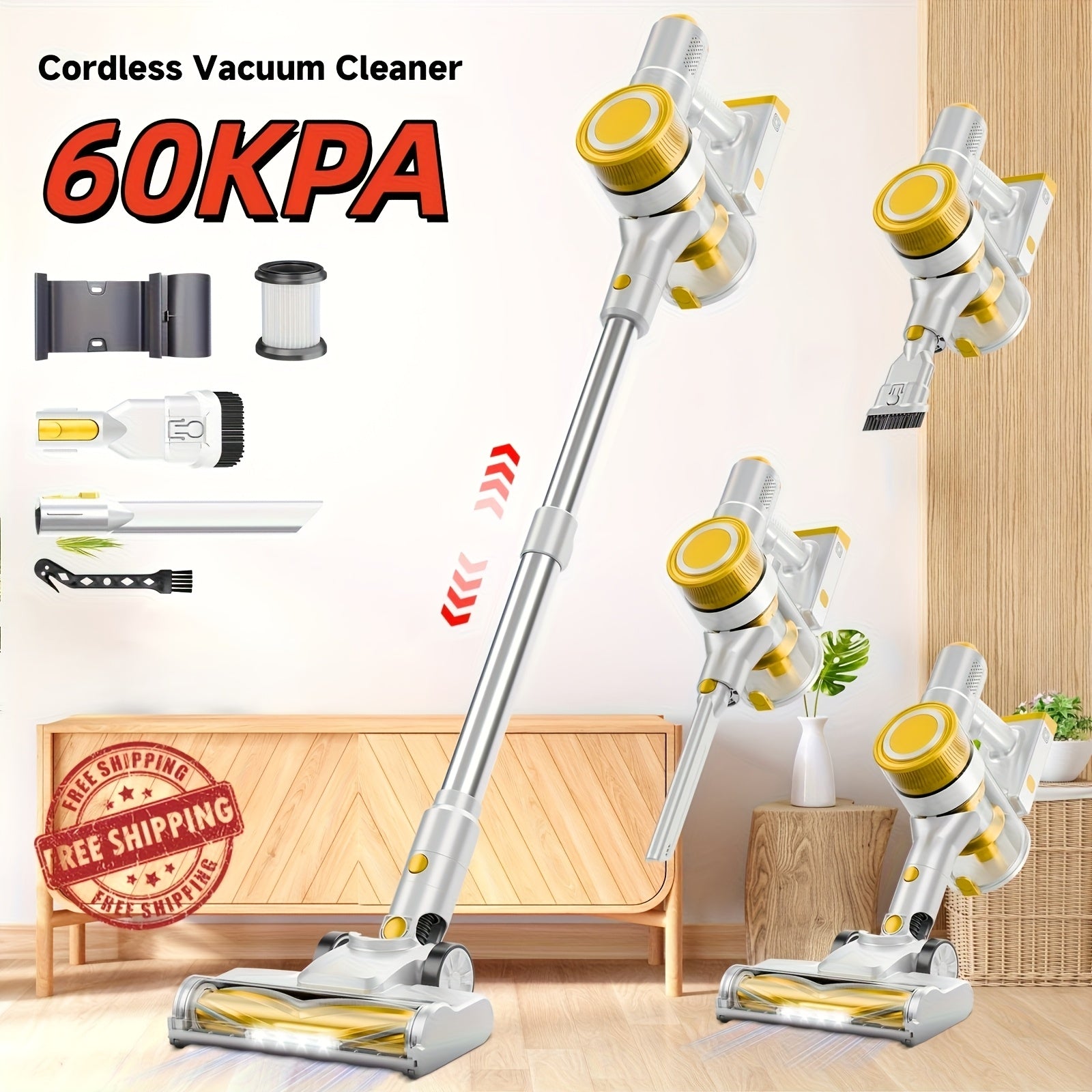 Cordless Stick Vacuum Cleaner 60Kpa Max Suction - Lightweight Rechargeable Handheld Vacuum for Hardwood Floors, Carpets & Pet Hair, Anti-Tangle Brush, 45-Min Runtime, Corded & Cordless 2-in-1