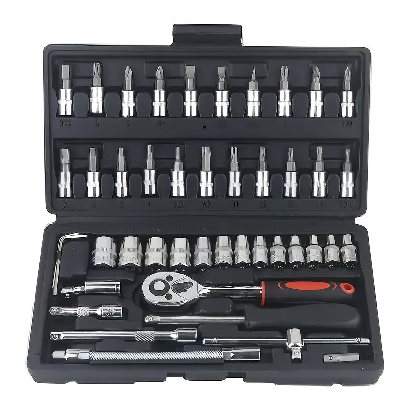 Mechanical Tool Set with Plastic Toolbox – Ratchet Handle, SAE & Metric Sockets, Extension Bar, Universal Joint, Slide Bar & Hex Keys | Manual Automotive Repair Kit | ShopVora CA