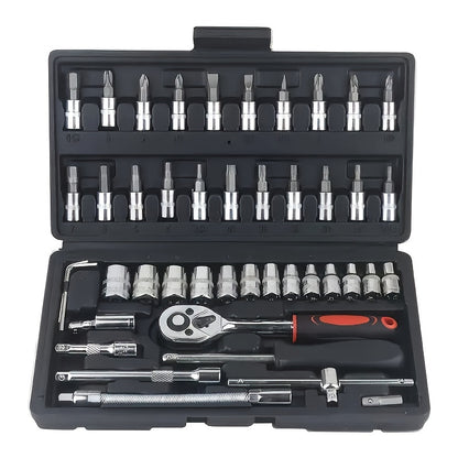 Mechanical Tool Set with Plastic Toolbox – Ratchet Handle, SAE & Metric Sockets, Extension Bar, Universal Joint, Slide Bar & Hex Keys | Manual Automotive Repair Kit | ShopVora CA