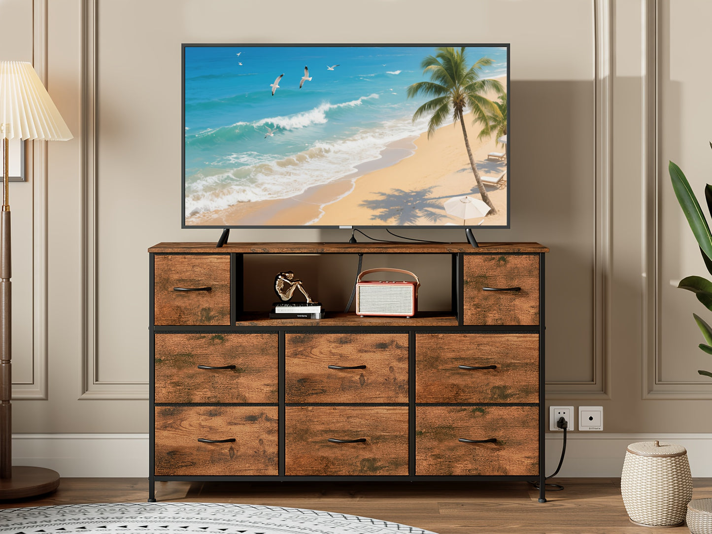 EUNOS 8 Drawer Dresser with Power Outlet LED Lights Fabric Chest of Drawers Metal Frame Wood Top TV Stand for 55 Inch TV Bedroom Living Room Storage Black Wood Grain White Canada