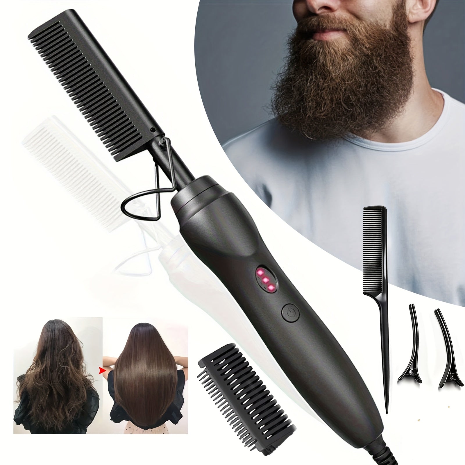 Hair Straightener Brush Electric Straightening Comb with Anti-Scald, Portable Heated Curling Iron for Wet & Dry Hair, Copper Plates, Works on Wigs – Women Men, Holiday Gift