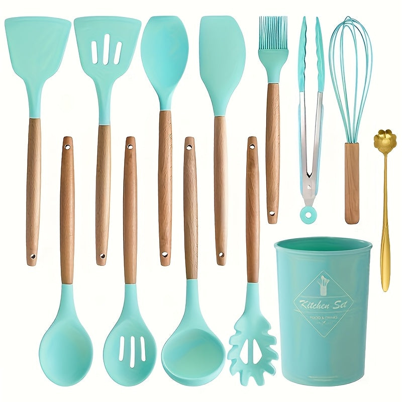 Kitchen Silicone Cooking Utensil Set 13/20pcs – Non-Stick Safe Spatula Spoon Tongs with Storage Rack, Heat Resistant Kitchen Tools for Daily Cooking & Baking, Green Pink Khaki