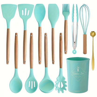 Kitchen Silicone Cooking Utensil Set 13/20pcs – Non-Stick Safe Spatula Spoon Tongs with Storage Rack, Heat Resistant Kitchen Tools for Daily Cooking & Baking, Green Pink Khaki