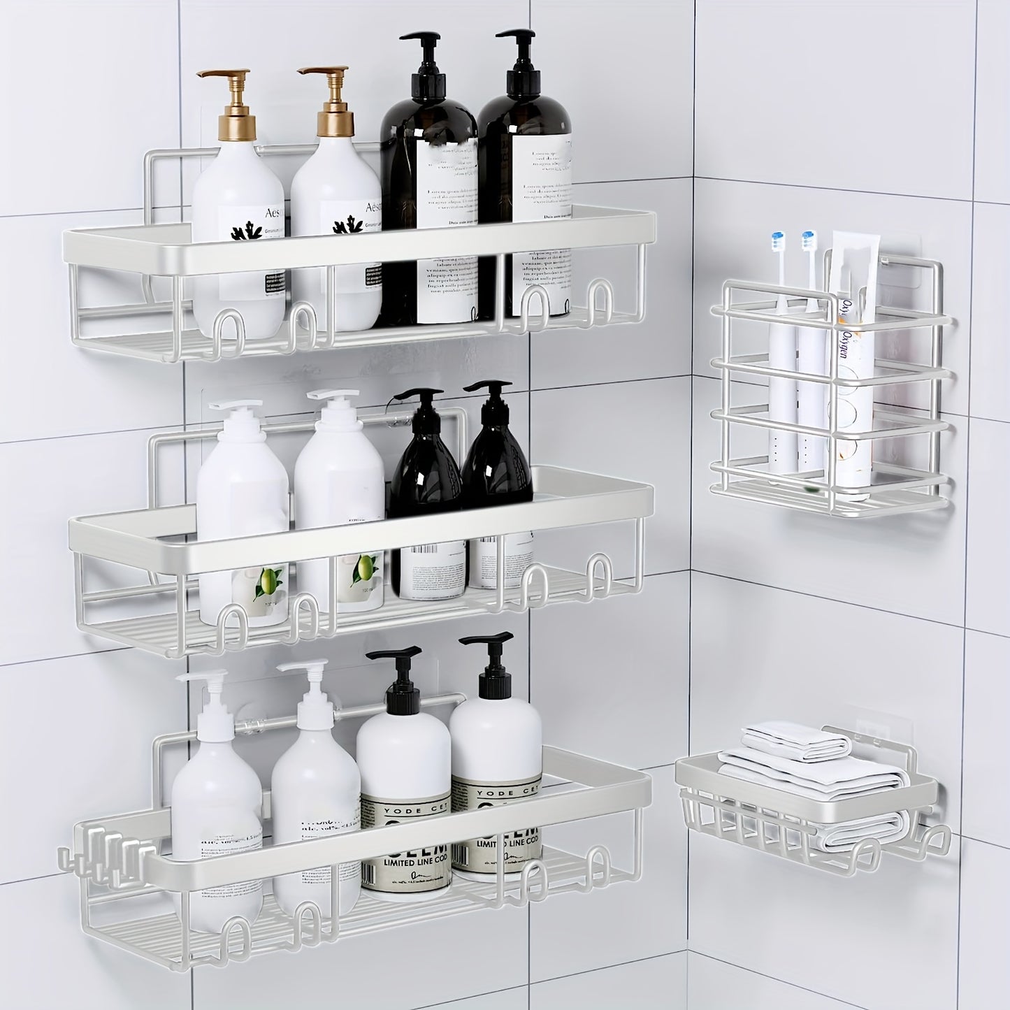 Stainless Steel Shower Caddy 5-Piece Set – Wall Mounted Adhesive Bathroom Organizer with Soap Dish & Toothbrush Holder | No-Drill Shower Shelf Rack for Inside Shower | 9 Colours | ShopVora CA