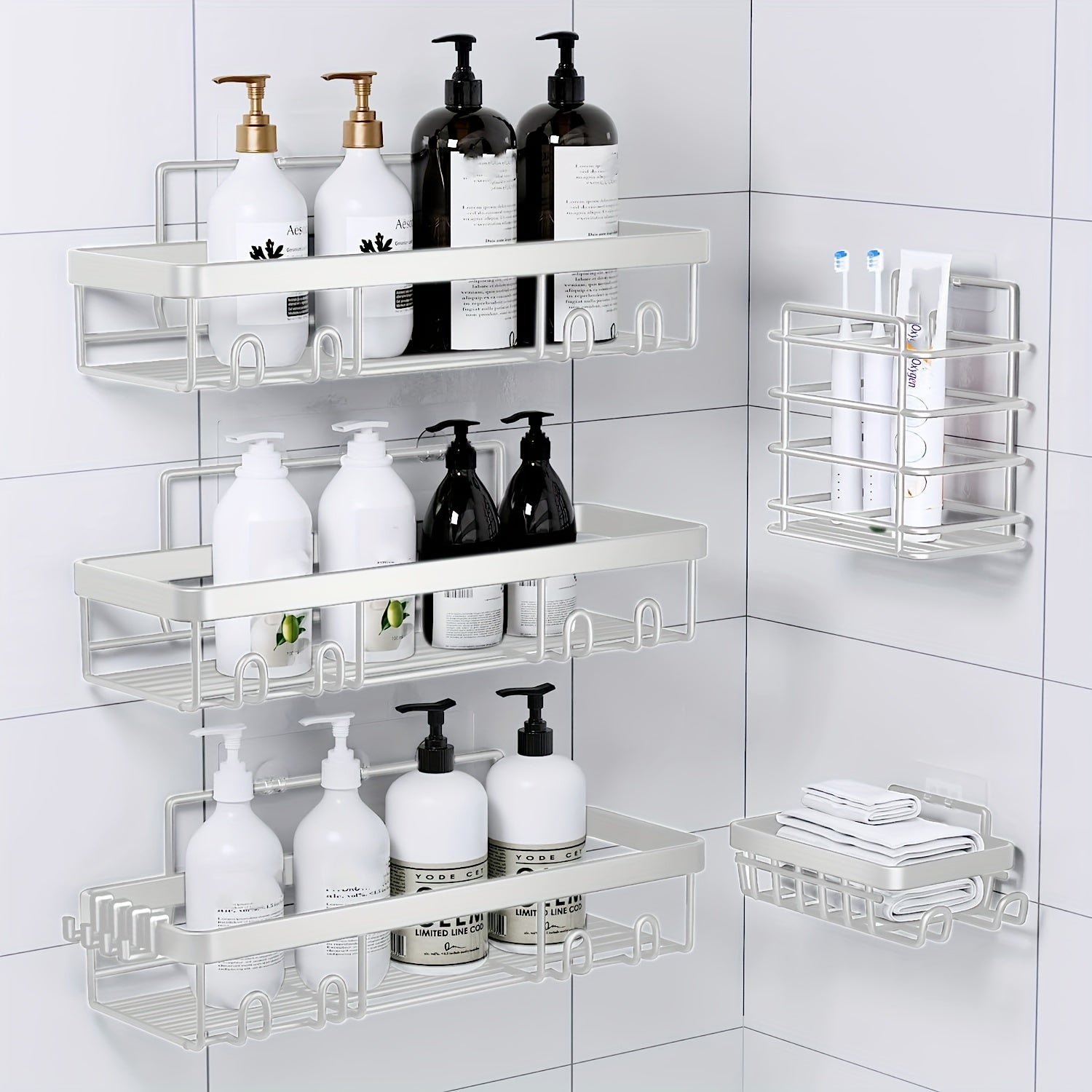 Stainless Steel Shower Caddy 5-Piece Set – Wall Mounted Adhesive Bathroom Organizer with Soap Dish & Toothbrush Holder | No-Drill Shower Shelf Rack for Inside Shower | 9 Colours | ShopVora CA