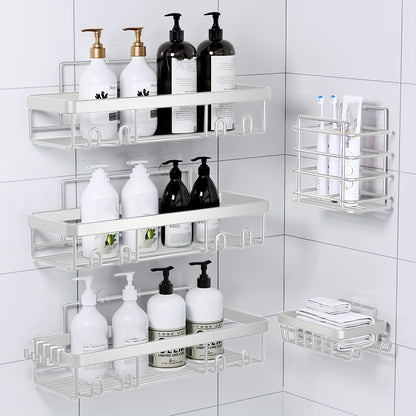 Stainless Steel Shower Caddy 5-Piece Set – Wall Mounted Adhesive Bathroom Organizer with Soap Dish & Toothbrush Holder | No-Drill Shower Shelf Rack for Inside Shower | 9 Colours | ShopVora CA