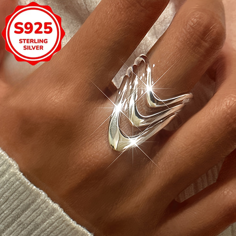S925 Silver Adjustable Layered Broadband Ring for Women - Open Stackable Statement Ring, Fashionable Everyday & Party Jewelry, Elegant Gift for Her
