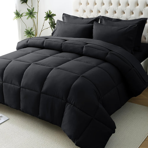 7-Piece Black Comforter Set Bed in a Bag – Ultra-Soft Goose Down Alternative, Premium 1800 Series with Comforter, Flat Sheet, Fitted Sheet, Shams & Pillowcases for All Seasons