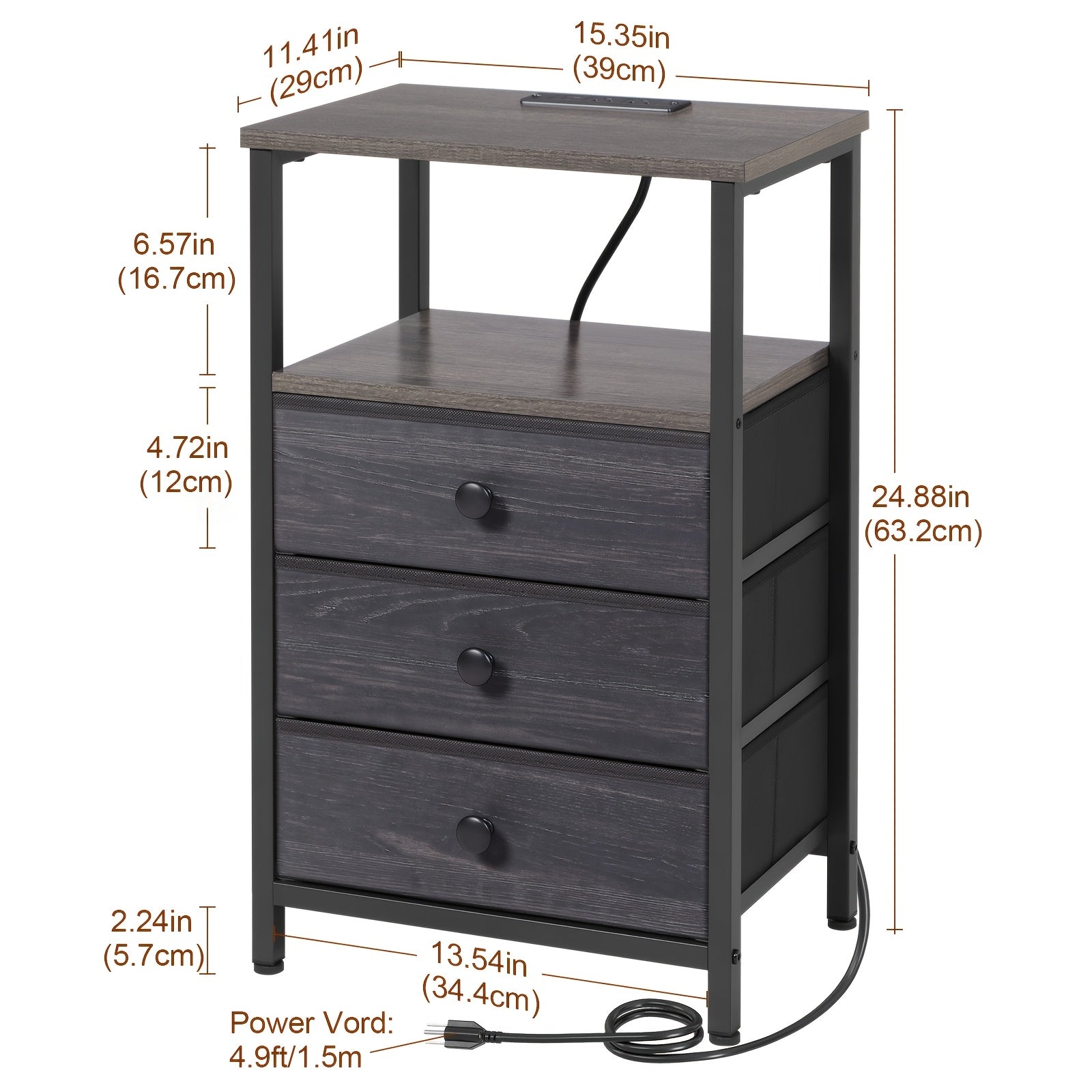 AMHANCIBLE Nightstand with Charging Station & 3 Fabric Drawers - Modern Bedside Table Set of 1 or 2, Spring Design, Bedroom & Living Room End Table Storage