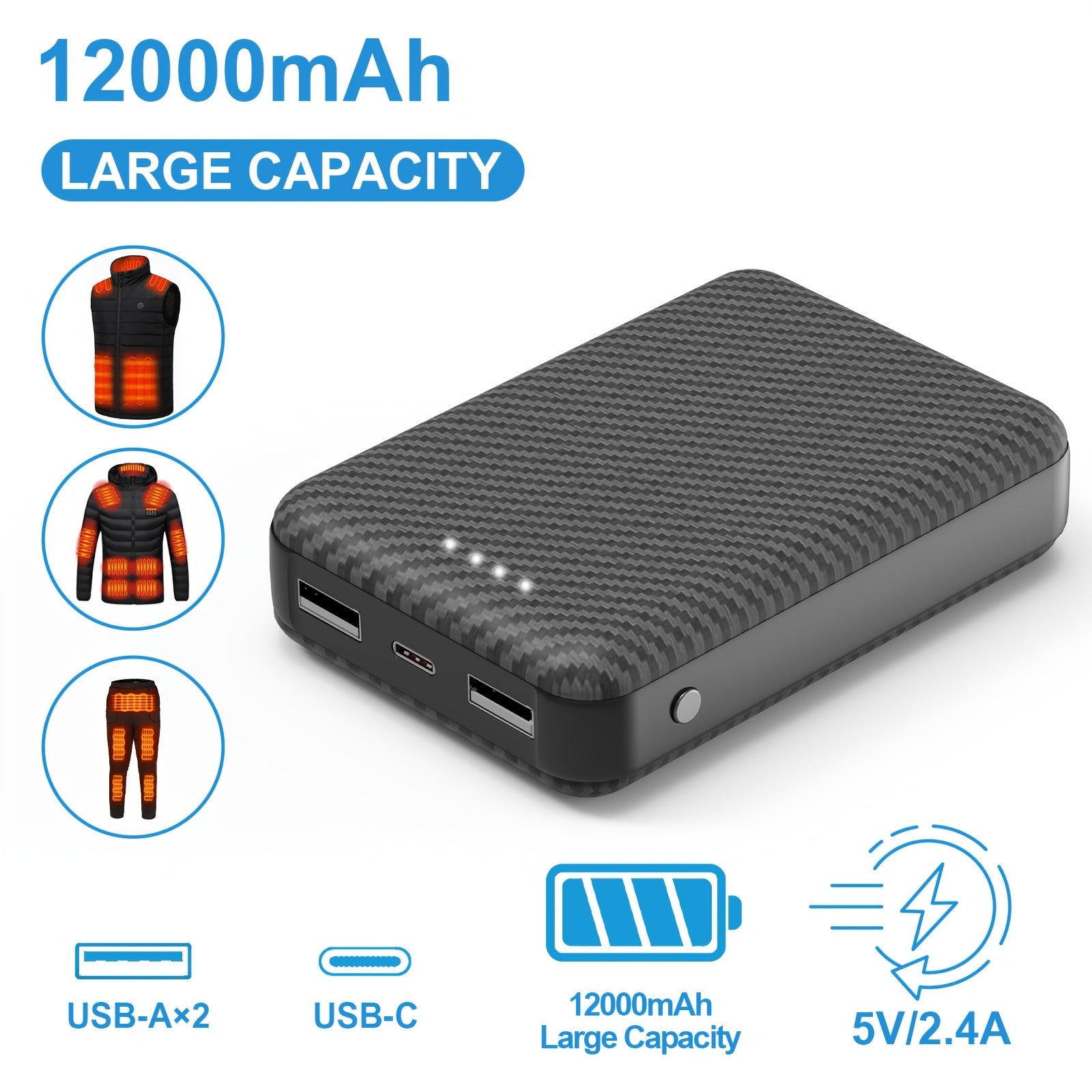 12000Mah Battery Pack for Heated Vest - 5V 2.4A Power Bank for Heated Jacket, Hoodie And Pants, USB C Portable Charger Powerbank Compatible with Iphone 16/15/14/13/12/11 Pro/Pro Max, Ipad, for Samsung, Tablet And More