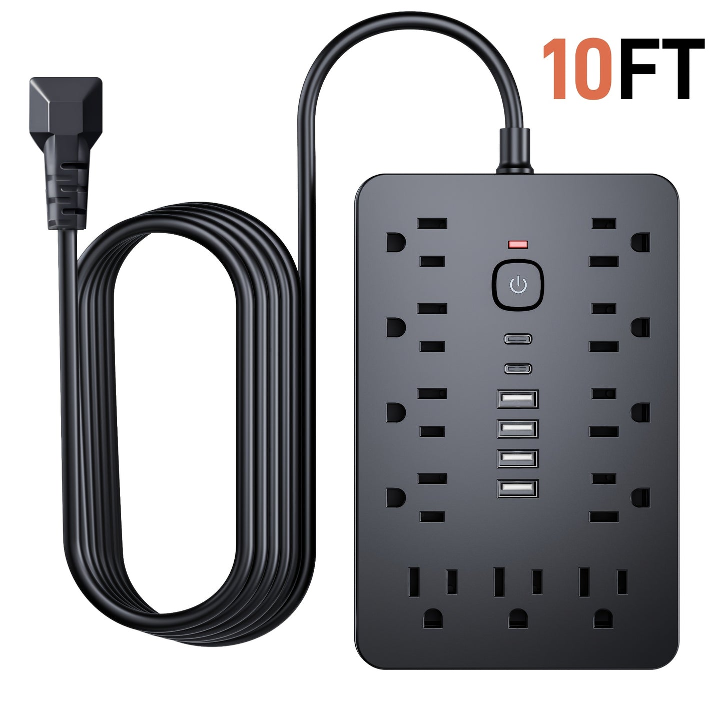 17-in-1 Power Strip Surge Protector, 11 AC Outlets & 6 USB Ports (2 USB-C), On/Off Switch, 5ft & 10ft Extension Cord – Ideal for Office, Kitchen, Dorm, Travel – Black & White
