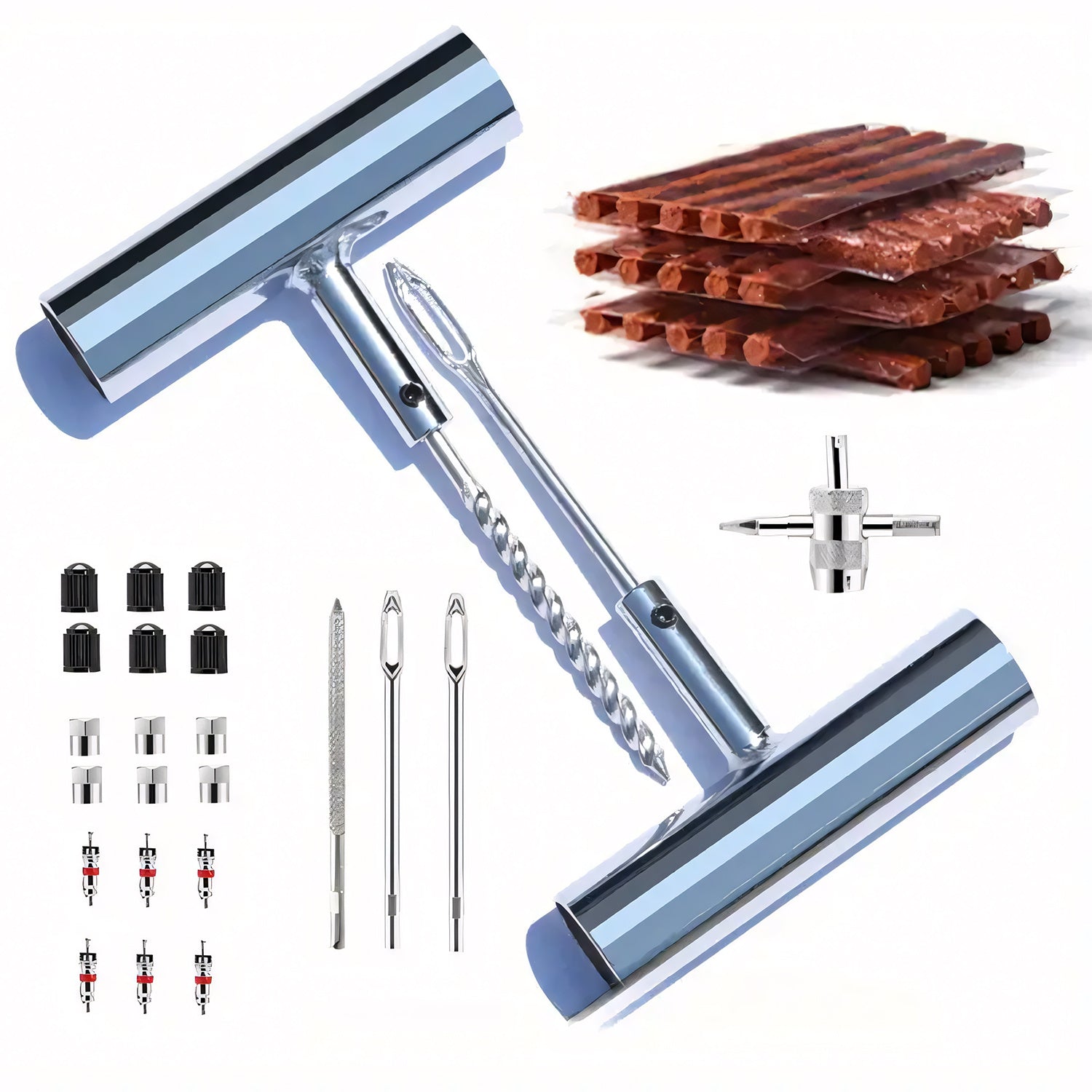 Tire Repair Tool Set Kit, Heavy duty Puncture Plug and Patch Tools Set with Reamer, Insertion Tools, Tire Plugs and Accessories for Car, Motorcycle, Truck, ATV, Tractor, RV, SUV, UTV and Trailer Flat