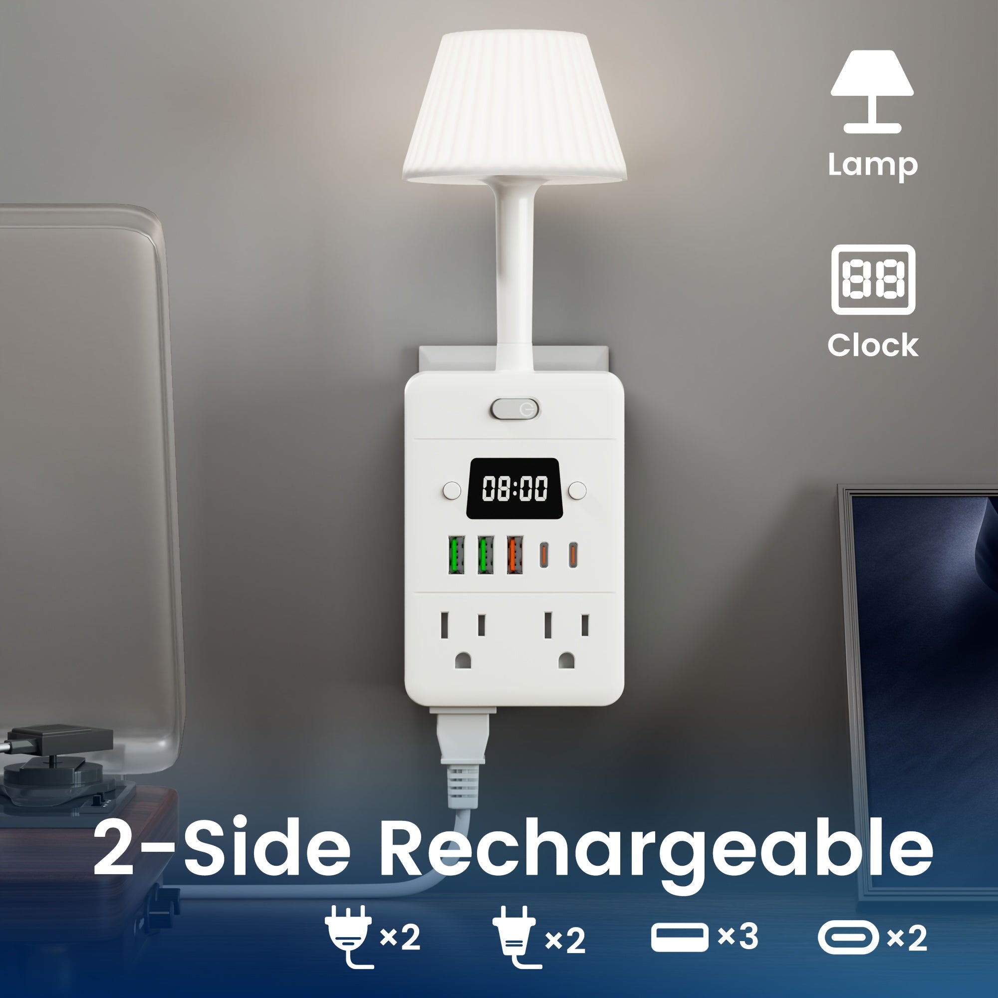 11-in-1 Multifunctional Power Strip with Built-in Overload Protection.1 Desk Lamp, 1 Digital Display Clock, 4 Power Outlets, 3 USB-A And 2 USB-C.Power Extender, Power Outlet Converter, Wall-mountable Desktop Charging Station for School, Home, Office.