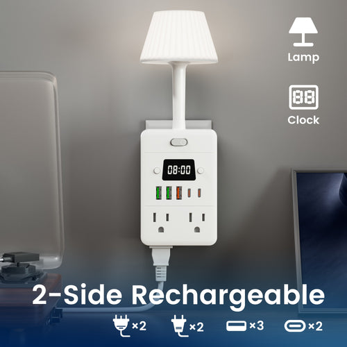 11-in-1 Multifunctional Power Strip – 4 Outlets, 3 USB-A & 2 USB-C, Built-in Desk Lamp & Digital Clock, Overload Protection, Wall-Mountable Desktop Charging Station for Home, Office & School