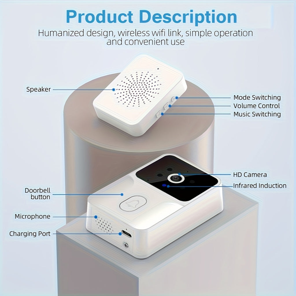 Smart HD Video Camera Wireless Doorbell - Night Vision, Voice Change, 2-Way Calls, Photo, Recording - Wifi Rechargeable Security Doorbell with Built-In Battery