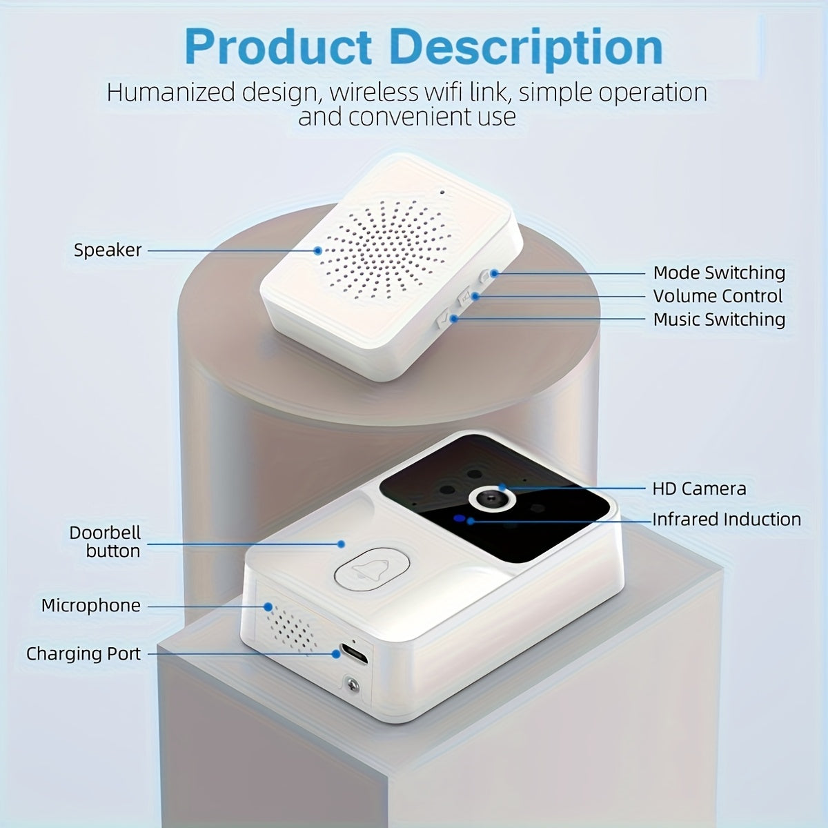 Smart HD Video Camera Wireless Doorbell - Night Vision, Voice Change, 2-Way Calls, Photo, Recording - Wifi Rechargeable Security Doorbell with Built-In Battery