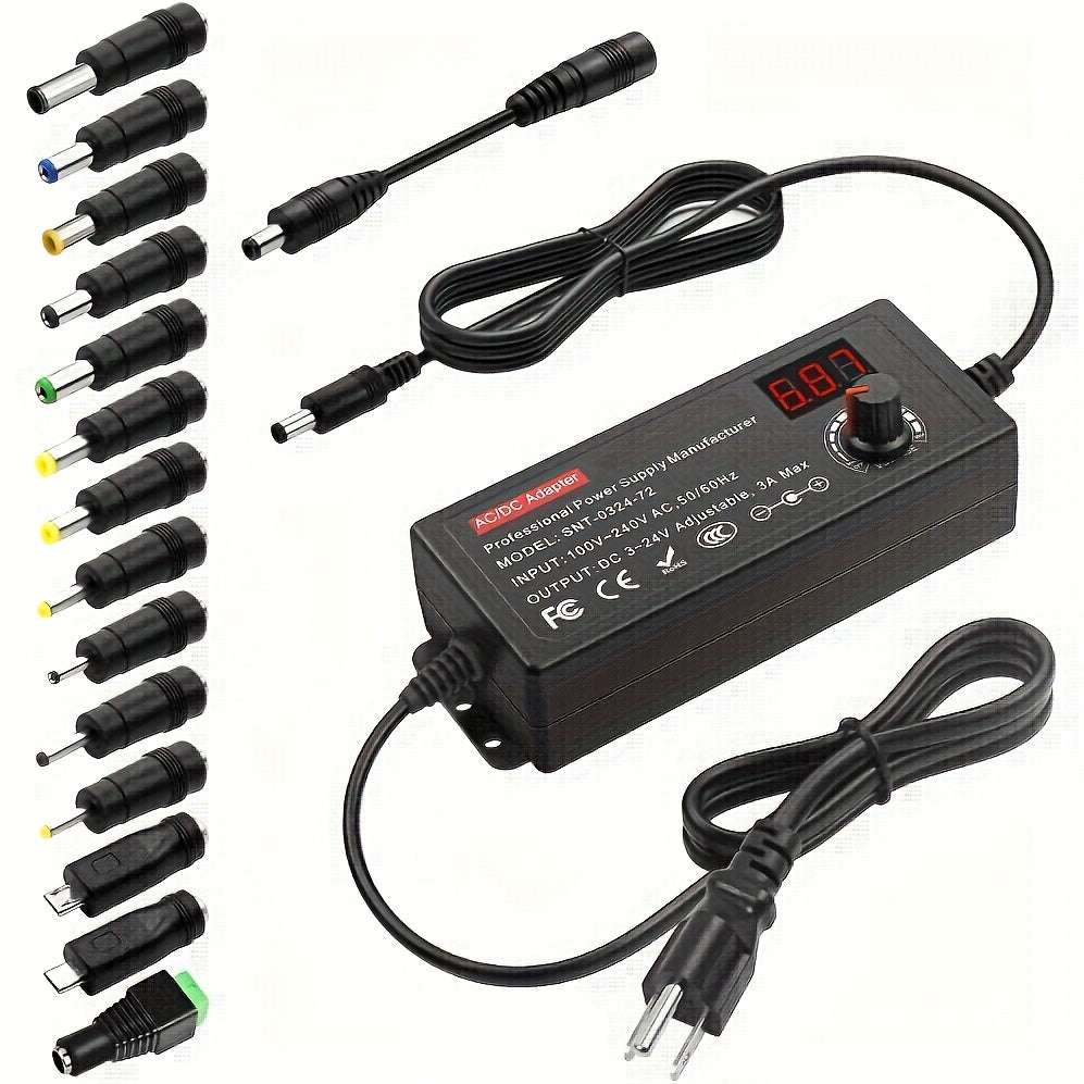 Adjustable AC/DC Power Supply Adapter 3V-24V 3A 72W Universal Variable DC Converter 100-240V with LCD Display, 14 Tips, Polarity Converter – LED Strips, Routers, DIY Electronics