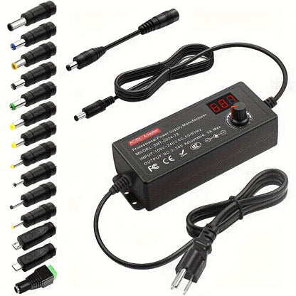 Adjustable AC/DC Power Supply Adapter 3V-24V 3A 72W Universal Variable DC Converter 100-240V with LCD Display, 14 Tips, Polarity Converter – LED Strips, Routers, DIY Electronics