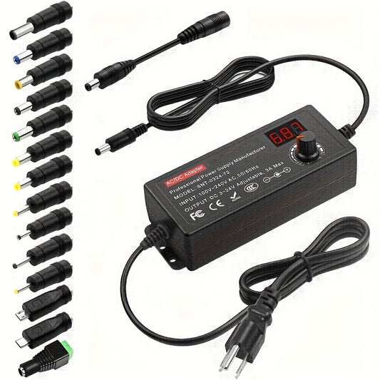 3V - 24V 3A 72W Power Supply Adjustable DC 3V 5V 6V 9V 12V 15V 16V 18V 19V 20V 24V Variable Universal AC/DC Adapter 100V-240V AC to DC Converter with 14 Tips 5.5x2.5mm 4.0x1.7mm 3.5x1.35mm