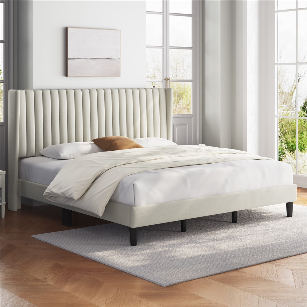 Upholstered Platform Bed Frame with Channel Tufted Headboard and Wing Side - Fabric Bed No Box Spring Needed, Wood Slat Support, 800 lb Capacity, King Queen Full, Ivory Dark Gray Black Canada