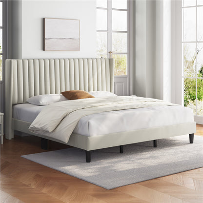 Upholstered Platform Bed Frame with Channel Tufted Headboard and Wing Side - Fabric Bed No Box Spring Needed, Wood Slat Support, 800 lb Capacity, King Queen Full, Ivory Dark Gray Black Canada