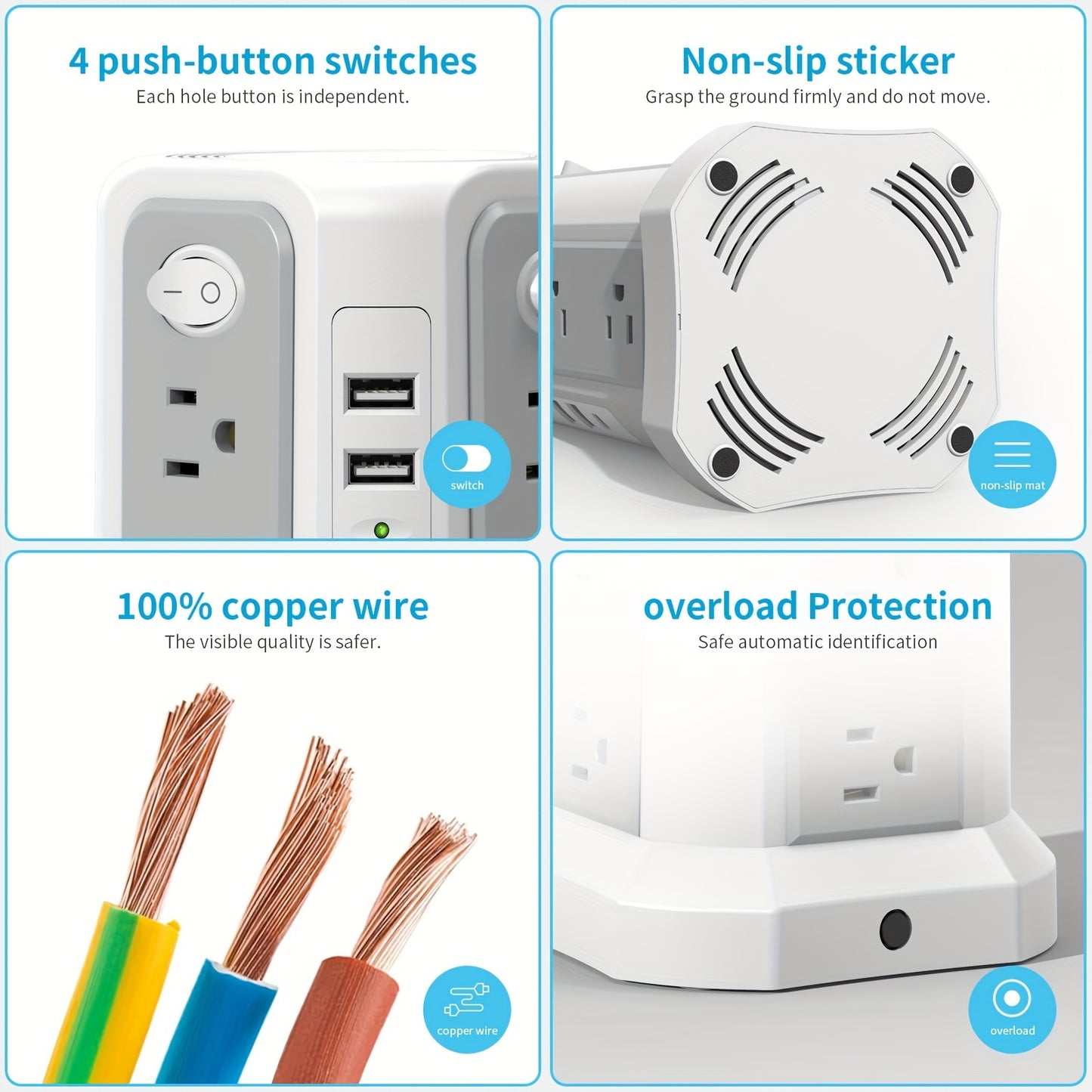 Tower Surge Protector with Night Light – 12 AC Outlets, 5 USB Ports (18W USB-C PD), 10.2FT Extension Cord, 1800J Surge Protection, 4-Zone Switch, Black