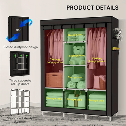 Freestanding Fabric Wardrobe Closet 170x128cm – Non-Woven Portable Clothes Organizer with 6 Shelves, 2 Hanging Sections & 4 Side Pockets, Dustproof Bedroom & Living Room Storage