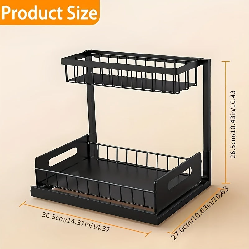 Set of 2 Two-Tier Pull-Out Organizers Designed for Under-Sink Cabinets, Featuring Padded Shelves Suitable for Framed Cabinets. This Metal Slide-Out Storage Solution Includes Mesh Sliding Drawers, Perfect for Use in Kitchens, Bathrooms
