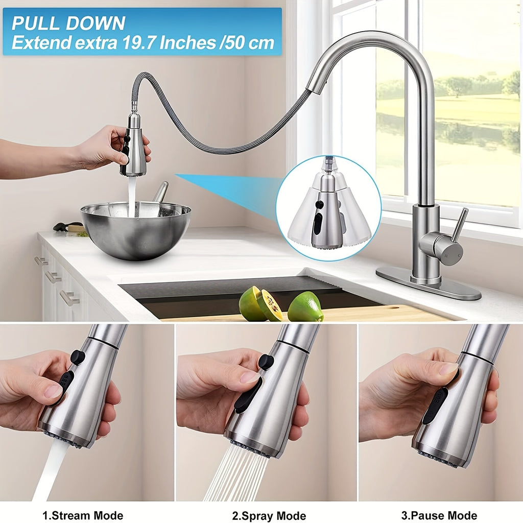 Single Handle High Arc Brushed Nickel/Chrome Pull Out Kitchen Faucet, Stainless Steel Kitchen Sink Faucet with Pull Down Sprinkler Kitchen Faucet for Farmhouse Camper Laundry Rv Bar