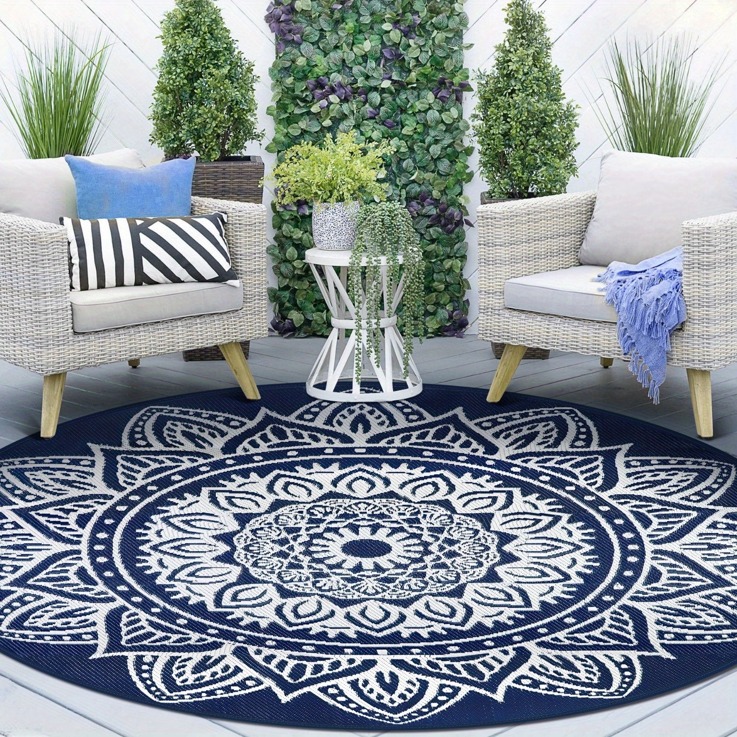 Round Boho Outdoor Rug Reversible Circle Patio Carpet – Lightweight Portable Outdoor Area Rug for Patio, Balcony, Camping & Backyard, Bohemian Style Weatherproof Floor Mat