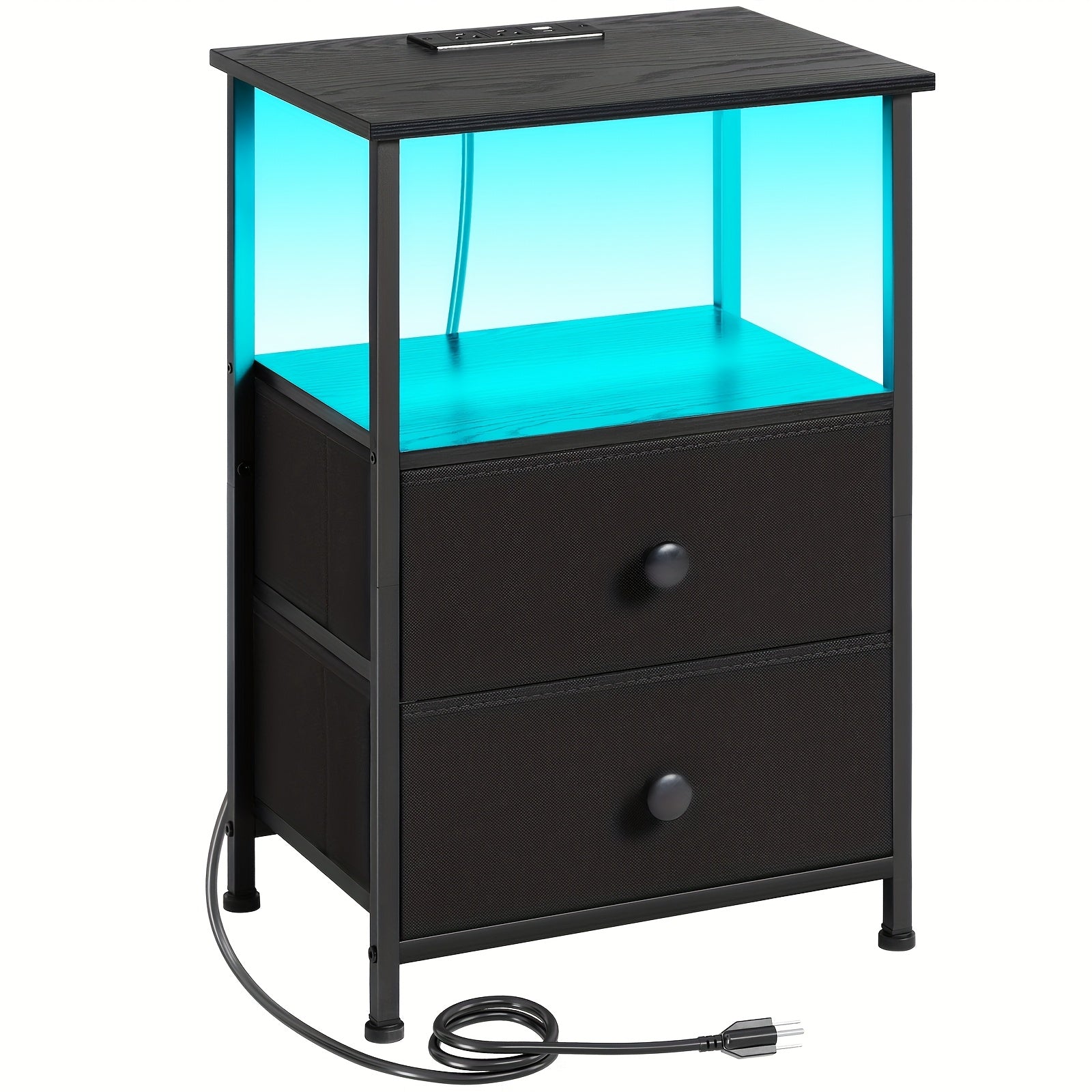 Bedside Table with Charging Station & 2 Fabric Drawers – 4-Layer Storage Nightstand End Table for Bedroom Living Room, Black or Brown (Set of 1 or 2)