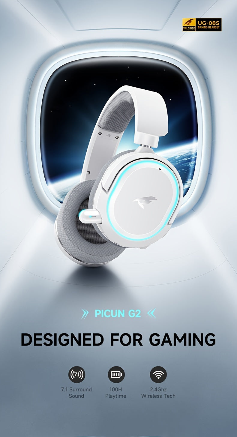 Picun Wireless Gaming Headset, 7.1 Surround Sound, 2.4Ghz USB Gaming Headphones Wireless 5.4, 100-Hr Noise Canceling Mic RGB Light, Wireless Headset for PC PS5 PS4. Birthday/Christmas Gifts for family, friends, and lovers.