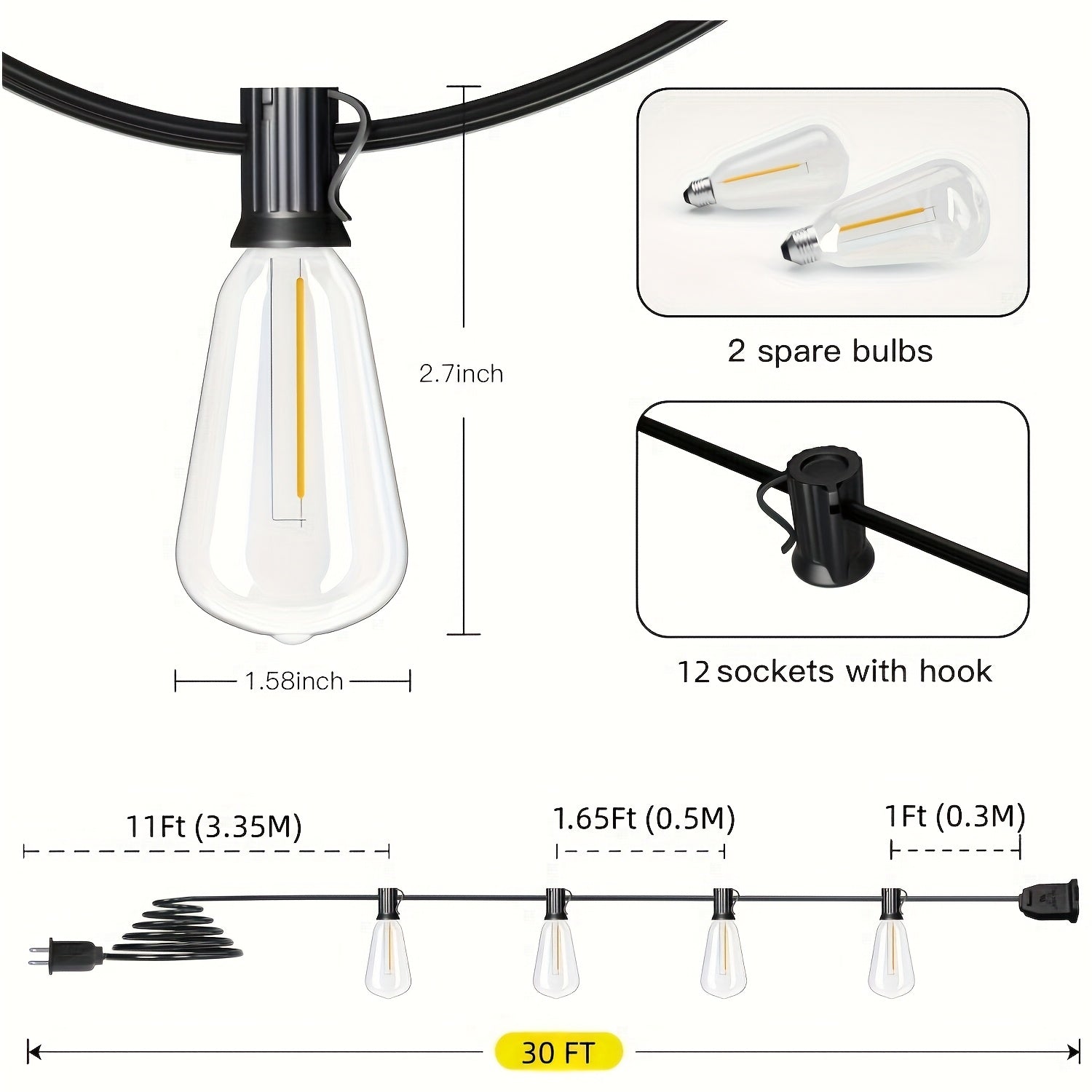 ST38 Outdoor String Lights LED Patio Lights – Shatterproof Vintage Edison Bulb, 2700K Warm White, Connectable Waterproof Hanging Lights for Backyard Garden Porch Party Cafe Decor