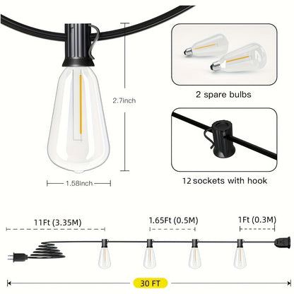 ST38 Outdoor String Lights LED Patio Lights – Shatterproof Vintage Edison Bulb, 2700K Warm White, Connectable Waterproof Hanging Lights for Backyard Garden Porch Party Cafe Decor