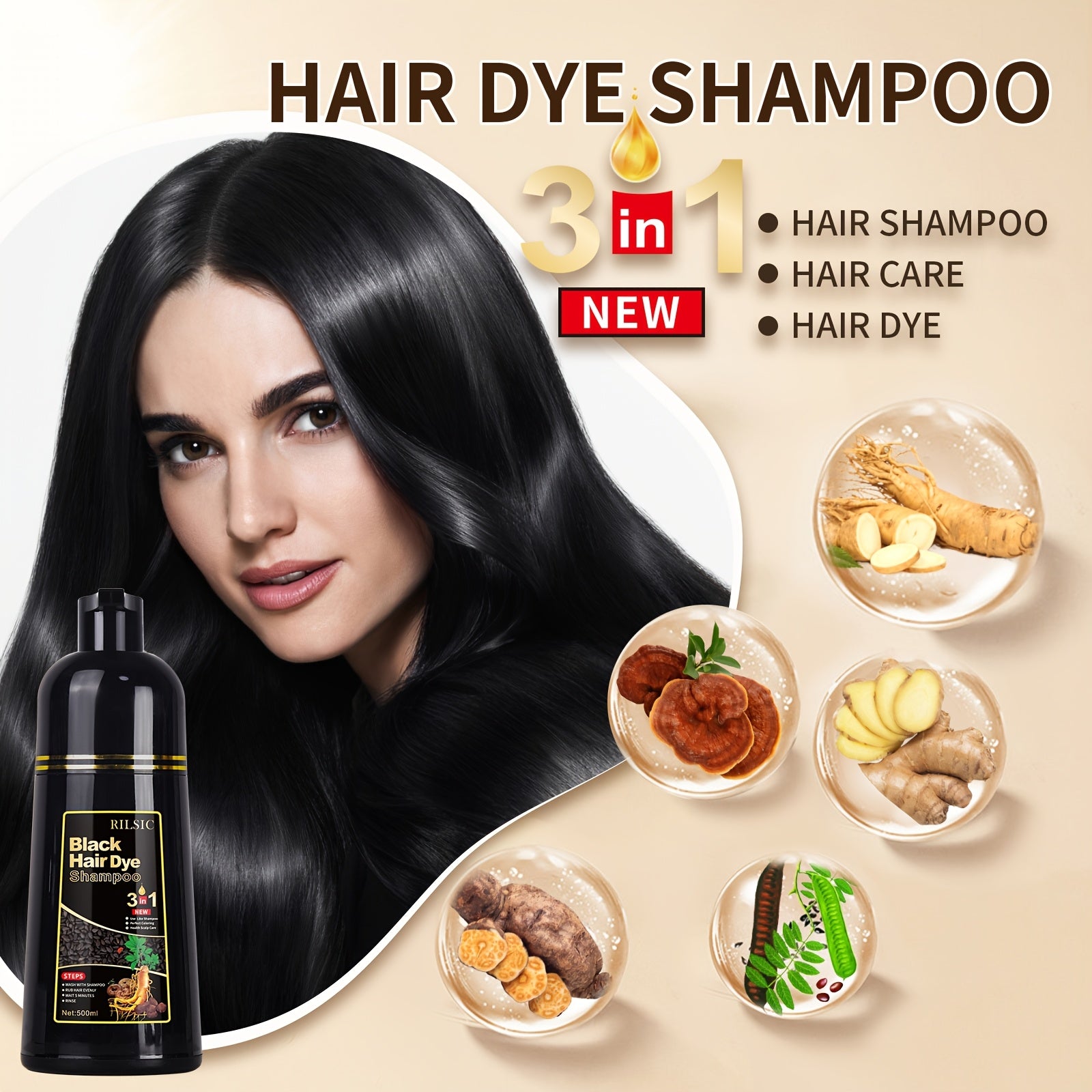 RILSIC 3-in-1 Herbal Hair Dye Colour Shampoo – Instant Natural Hair Colouring in Minutes for Women & Men | 16.91oz Halloween & Everyday Gift