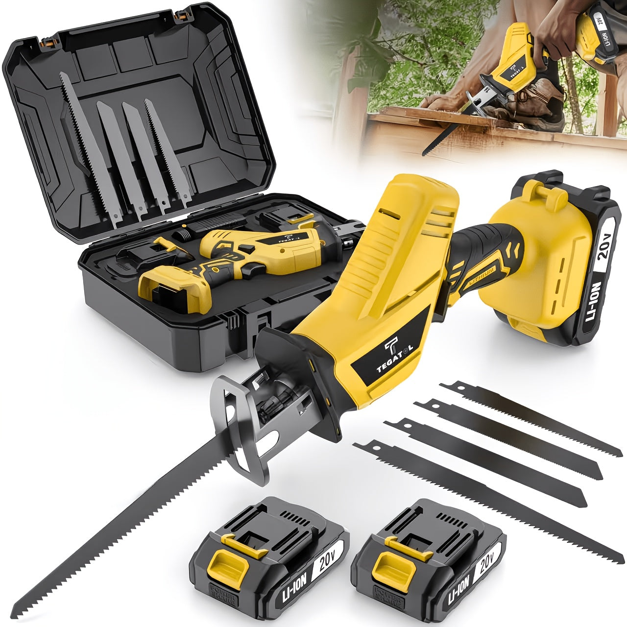20V Cordless Reciprocating Saw Kit with Lithium Battery & Fast Charger – 3000RPM Electric Sabre Saw, 4 Blades, Cuts Wood Metal PVC – Portable Power Saw Tool Gift for Men